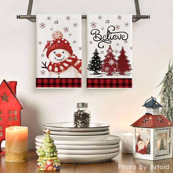 Artoid Mode Red Xmas Tree Snowman Christmas Kitchen Towels Dish Towels, 18x26 Inch Farmhouse Holiday Winter Decoration Cleaning Set of 2