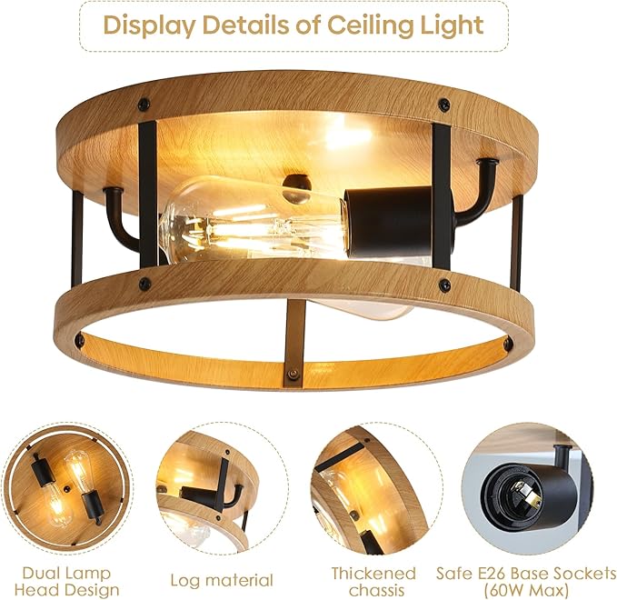 2-Light Industrial Flush Mount Ceiling Light Fixture, Wood Finish Farmhouse Ceiling Light Fixture,Modern Flush Mount Light Fixture for Kitchen Bedroom Living Room Hallway 1 Pack