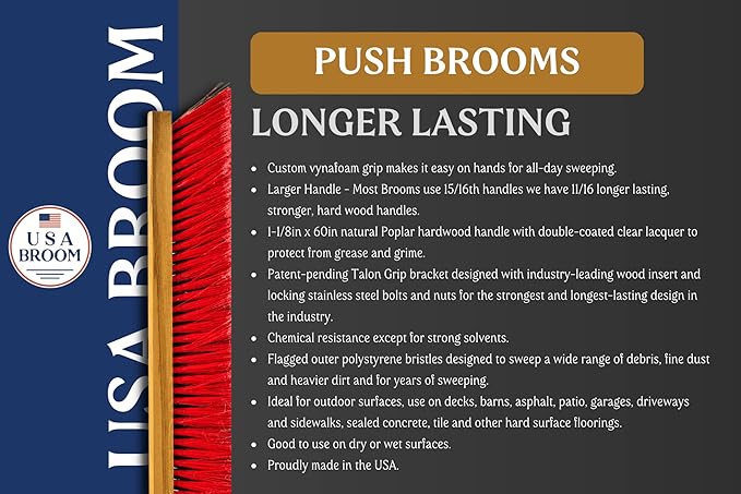 36" Everyday Sweep Indoor/Outdoor Push Broom with 60" Handle. Ideal for Garages & Shops. Durable American Made Steel Brackets-All Stainless Steel Hardware. No Plastic. 100% USA Made