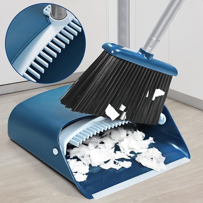 Standing Dustpan and Broom Set with 52" Long Extendable Handle for Home, Indoor, Kitchen Room Office Lobby Floor Cleaning