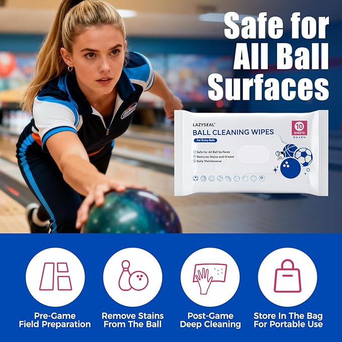 50 Count Bowling Ball Cleaning Wipes Removes Grime, dust, Oil from Ball Surfaces Includes Portable, resealable Pouch Suitable for All Ball Types Cleans, maintains extends Ball lifespan