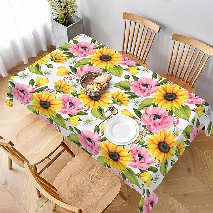 Sunflowers Yellow Table Cloth 52x70 Yellow Pink Sunflower Poppies with Leaves Tablecloth Rectangle Table for Dining Kitchen Banquet Party Decorative Outdoor Picnic