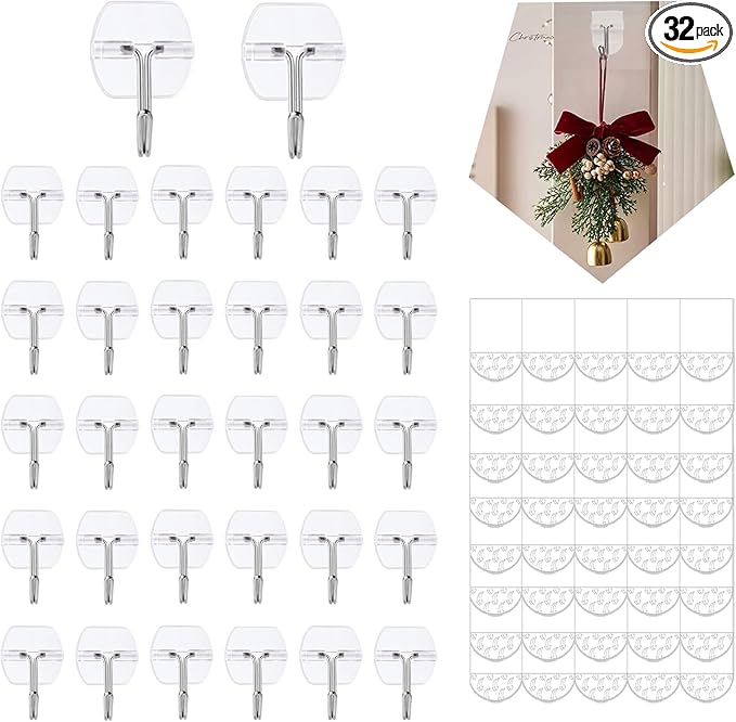 32 Small Wall Hooks for Hanging, with 40 Removable Strips, Clear Hanger Hooks, Damage-Free Utility Hooks with Adhesive Strips, Wire Toggle Wall Hook for Key, Hat, Decor, Door, Clear, Value Pack