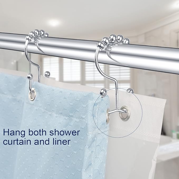 Shower Curtain Hooks,Sturdy Stainless Steel Double Sided Shower Hooks Rings for Bathroom Shower Curtain Rods Curtains Set of 12 Hooks - Chrome
