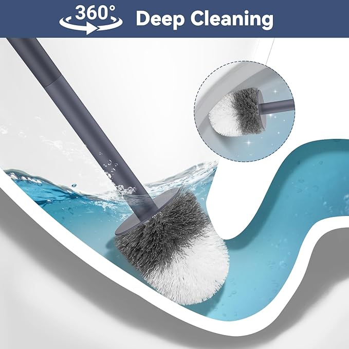 Toilet Brush, Compact Toilet Brush and Holder Set with Nylon Bristles 3 Pack Toilet Bowl Brush Hidden Scrubber Brushes for Bathroom Deep Cleaning—Grey Blue