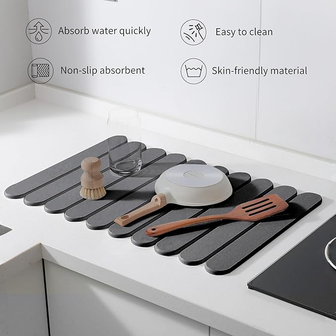 16"×12" Grey Stone Dish Drying Mats for Kitchen Counter, Large Quick Dry Collapsible Eco-Friendly Super Absorbent Diatomaceous Earth Heat-resistant Mat for Dishes Bottles Cups, Match Any Countertop