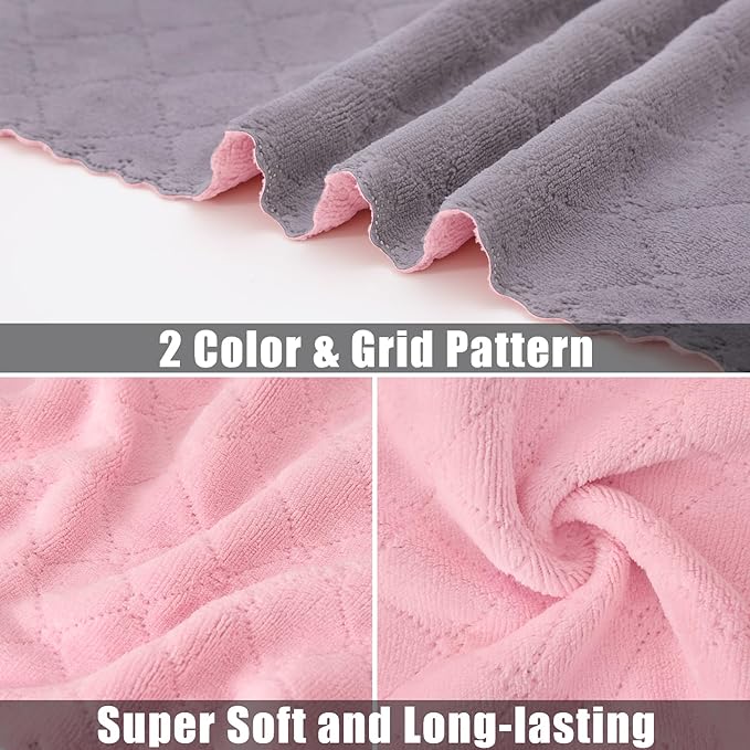 Mordimy 18 Pack Kitchen Cloths Dish Towels (10" x 10", Grey & Pink), Super Soft and Absorbent Dish Cloths, Coral Velvet Microfiber Cleaning Cloth, Nonstick Oil Fast Dry Dishcloths