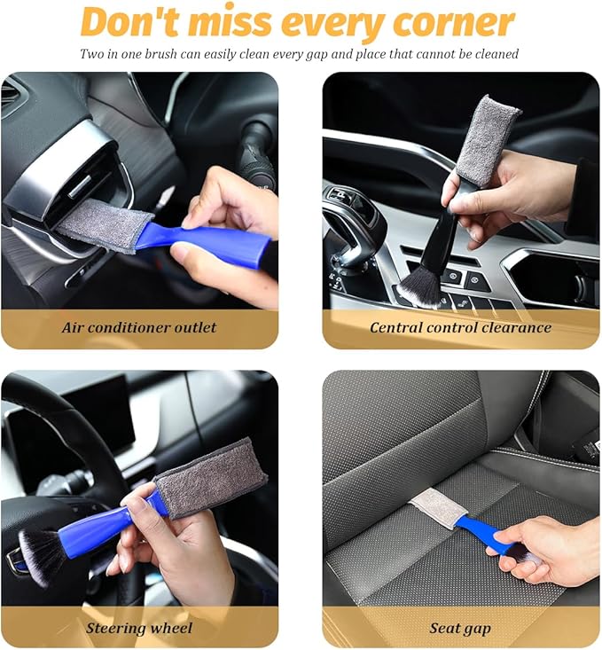 Double Head Brush for Car Clean, 2 in 1 Soft Auto Duster Detailing Cleaning Brushes, Multi-Functional Vehicle Air Conditioning Vent Cleaner Tools, Universal for SUV RV Truck (Black)
