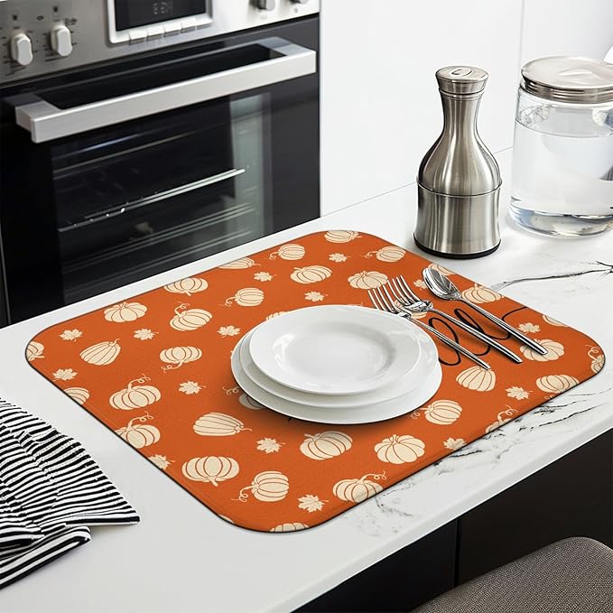 Fall Dish Drying Mat for Kitchen Counter,Orange Autumn Pumpkin Maple Leaf Pattern Microfiber Drying Mat,Washable Absorbent Countertop Harvest Thanksgiving Dish Mat Drain Mat,16x18 Inch