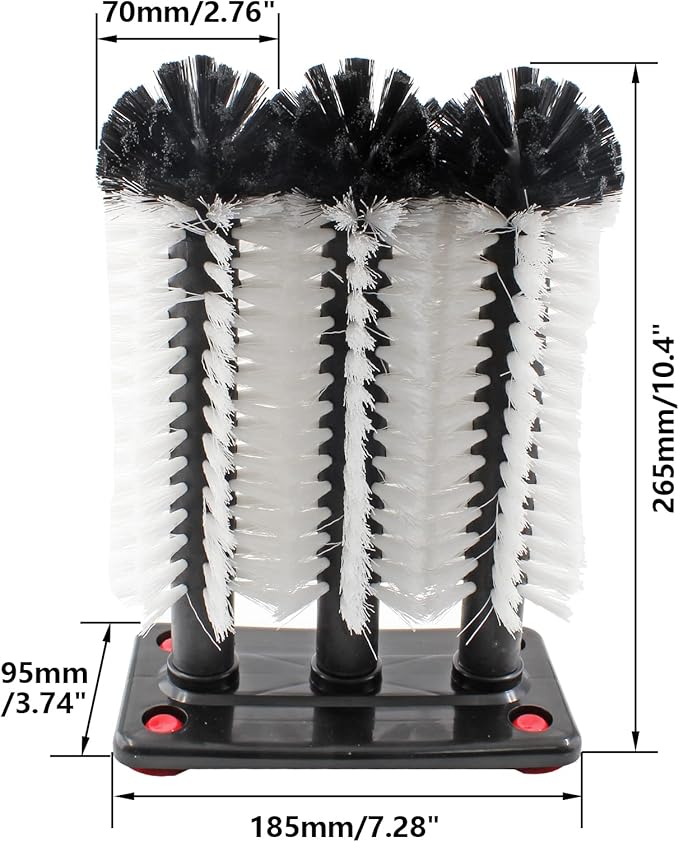 3 Long Brush Bar Glass Washer with Suction Base, Commercial Brush Cleaner Bristle Brush for Kitchen Bar Beer Cup, Long Leg Cup, Red Wine Glass, 10.2"x7.3"x3.7"