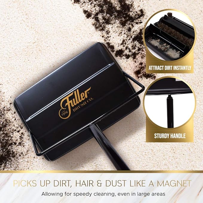 Fuller Brush Electrostatic Carpet & Floor Sweeper with Additional Rubber Rotor - 9" Cleaning Path - Lightweight - Ideal for Crumby & Wet Messes (Black + Rubber Rotor)