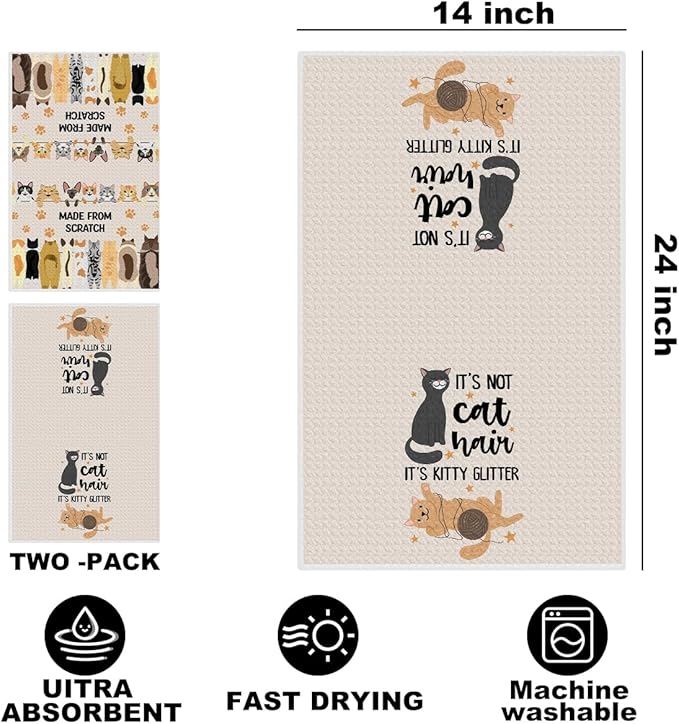 Hanamiya Na 2 Pcs Funny Cat Kitchen Towels 24x14 Inch, Cats Gifts Reusable Dish Towels for Kitchen Bathroom Decor, Waffle Weave Hand Cloth Tea Towel, Cute Cat Lover Gifts for Women Mom Friend