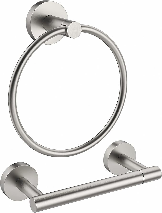 Brushed Toilet Paper Holder & Towel Ring SUS304 Stainless Steel 2pc Bathroom Hardware Set with Double Post Pivoting Toilet Paper Roll Holder Wall Mount & Bathroom Towel Holder Set