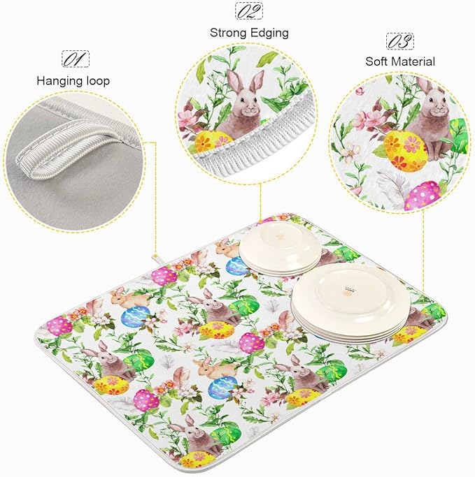 Happy Easter Day Bunny Dish Drying Mat for Kitchen Easter Eggs Peeps Spring Flowers Microfiber Drying Mats Absorbent Reversible Dish Pad Medium Dish Draining Mat 16x18 inch