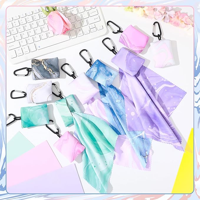 10 Pcs Microfiber Cleaning Cloth with Open Pouch and Hanging Ring Cute Marble Design Microfiber Cloth Soft Glasses Cleaner Cloth for Eyeglasses Camera Lens Cell Phone Screens Glasses, 6'' x 7''