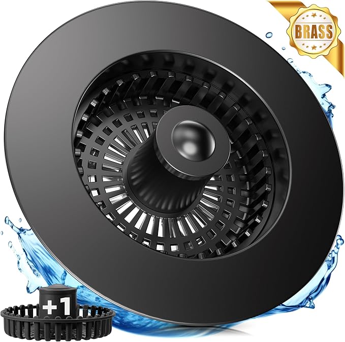 3-in-1 Kitchen Sink Strainer & Stopper, Matte Black Pop Up Drain Filter – Anti-Clogging Food Catcher with Brass Core – Fits Standard 3.5 Inch Drain, Deep Basket for Easy Cleaning