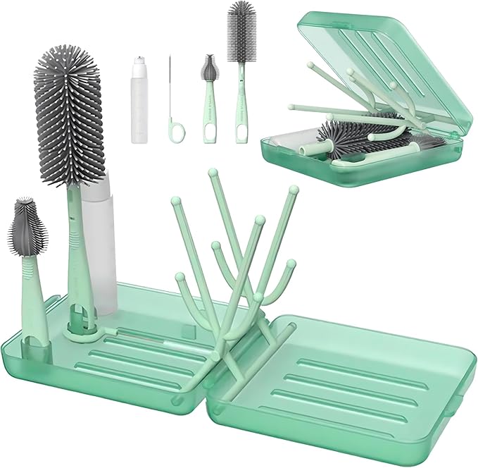 Bottle Brush Set Cleaner Silicone Brushes - Premium Food-Grade Silicone - Travel Friendly Portable Baby Bottle Cleaner Kit (Green, Classic Style)