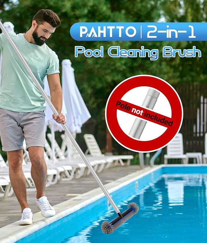 16.7'' Swimming Pool Brush Head with Round Ends, EZ Clip Aluminum Handle, Heavy Duty Pool Brushes for Clean Swimming Pools Faster, Extra Corner Brush Head for Clean Pool Steps & Corners
