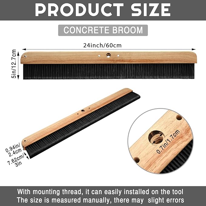 1 Pack 24 Inch Concrete Broom Finishing Tools Wood Backed, Polypropylene Bristles Brush Push Brooms Without Handle for Concrete Finishes Hard Floors