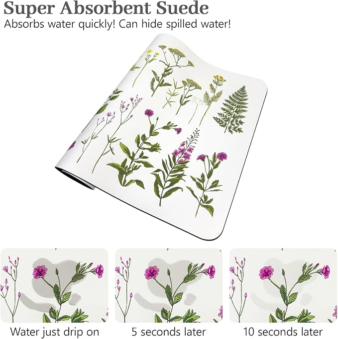 Bloss Dish Drying Mat, Spring Flower Printed Coffee Bar Mat, Kitchen Counter Mat, Hide Stain Rubber Backed Dish Drying Pad/Spring Decor for Desk(16.1"x24.1", 2-Row Flower)