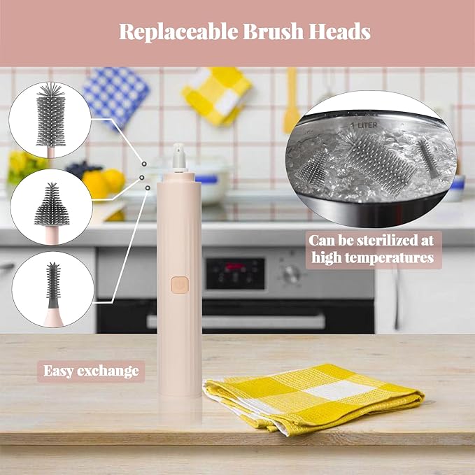 Electric Cleaning Brush with USB Rechargeable Electric Bottle Brush Cleaner and 3 Replaceable Silicone Bottle Brushes and Straw Cleaner Brush,Perfect Baby Gifts and Kitchen Brushes(Pink)