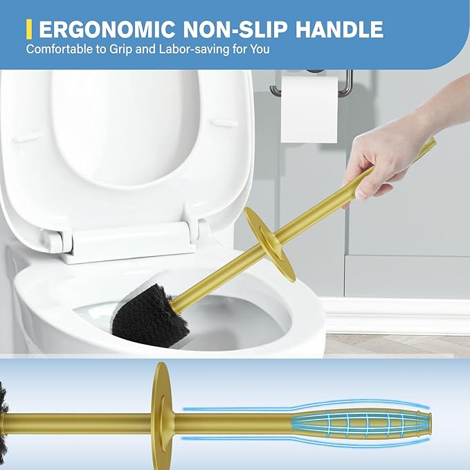 UPTRONIC Toilet Brush, Aluminum Alloy Toilet Brush and Holder Set with Long Handle Durable Bristles Toilet Bowl Brush and Covered Holder for Toilet Scrubber for Bathroom Cleaning (2, Gold)