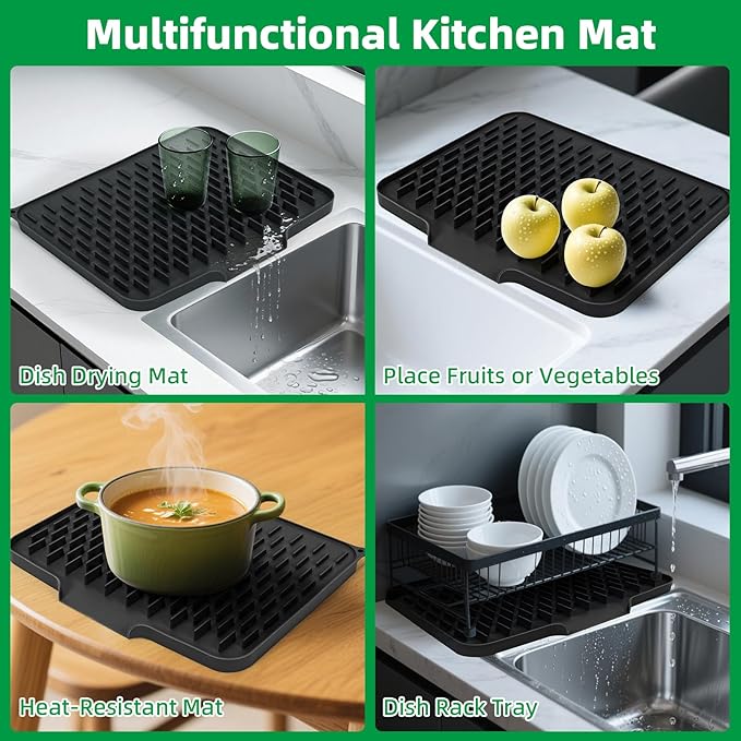LONGKING Black Non-Slip Dish Drying Mat - Multi-Use Silicone Mat & Dish Drying Rack for Kitchen Counter