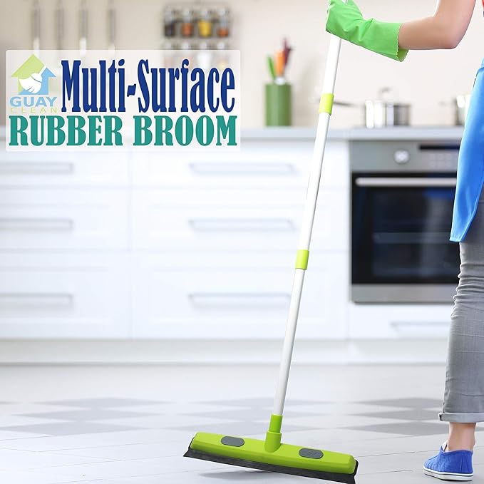 Guay Clean Rubber Push Broom Pet Hair Fur Removal Soft Bristle Sweeper for Carpet and Floor, Squeegee and Grommet for Pads and Towels -Telescopic Pole up to 50 Inches - Green