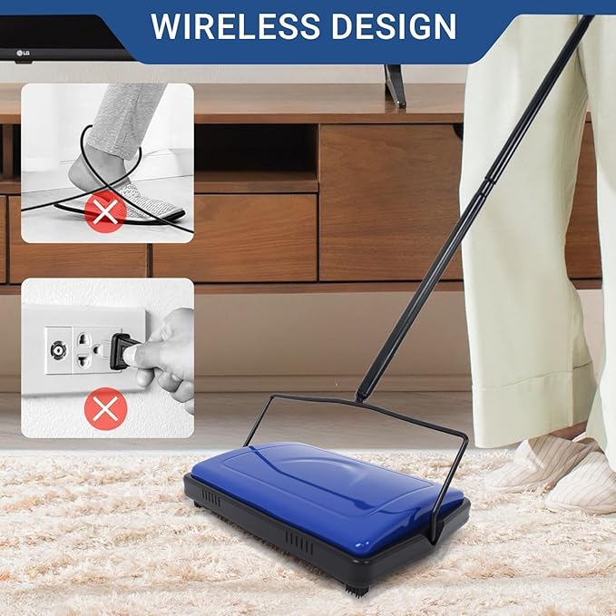 EZ SPARES Horsehair Carpet Sweeper Cleaner for Home Office,5FT Pole for Tall People(1FT Longer Than General)-No More Bending-Horsehair Brush Soft on Hardwood Floors,Pet Hair Cleaner (Cobalt Blue)