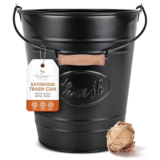 Autumn Alley Farmhouse Bathroom Trash Can - Decorative Rustic Black Trash Can Bucket with Wooden Handle for Bathroom, Bedroom, Office, Kitchen, Western Country Home Décor, 2 Gal., Matte Black