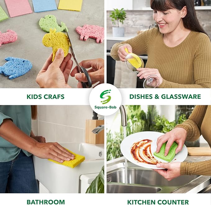 Compressed Non-Scratch Kitchen Sponges - Highly Absorbent for Dishes, Countertop, Sink, Car - Biodegradable, Quick Drying Cellulose Sponges - Assorted Colors (Pack of 6)