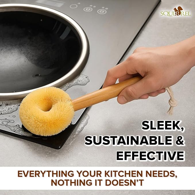 Coconut Fiber Dish Brush with Handle – Natural Dish Scrubber Brush for Kitchen Sink & Pots – Eco-Friendly Dish Cleaning Brush with Built-in Scraper, Sink Scrubber, and pan Cleaning Brush