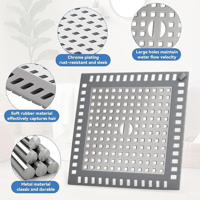Shower Drain Hair Catcher, 4.72" Shower Drain Cover, All-in-One Universal Sink & Shower Drain Strainer, Easy Installation, Stainless Steel and Silicone Bathroom Accessories for Tub, Bathtub (Square)