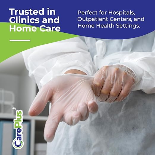 CARE PLUS Vinyl Gloves Clear Large Size 1000 Count | Heavy Duty, Non-Sterile, Powder-Free, Latex-Free Rubber | Food Prep, Kitchen & Cleaning Gloves, Ideal for Professional Use