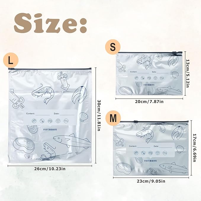 40PCS Reusable Aluminum Foil Freezer Bags, Sealable Stand-Up Zipper Storage Bags for Food, Meal Prep & Kitchen in 3 Sizes(Small, Medium, Large)