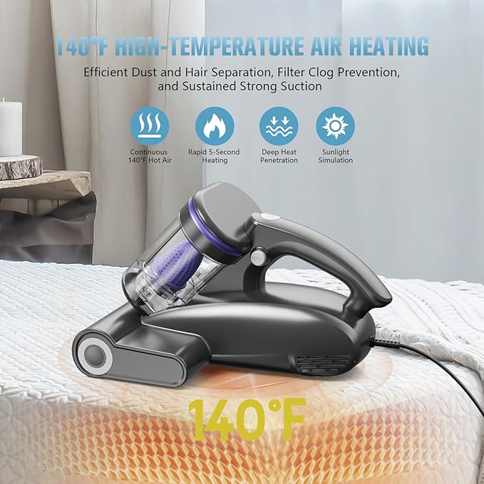 Bed Vacuum Cleaner Mattress Vacuum Cleaner,16Kpa Powerful Handheld Vacuums with UV-C Light & Double Dust Cup & High Heating & Ultrasonic & Anion for Bed Sofa(Dark Purple)