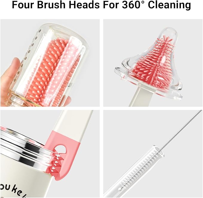 Baby Bottle Brush, 10 in 1 Travel Baby Bottle Cleaner Brush Set with Silicone Brush, Nipple Brush, Straw Brush, Soap Dispenser, Portable Drying Rack, Breast Pump & Bottle Cleaning Kit - Coral Pink