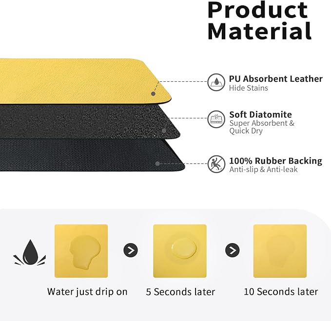 Dish Drying Mat for Kitchen Counter, Heat Resistant Drainer Mats with Non-slip Rubber Backed, Hide Stain Kitchen Super Absorbent Draining Mat, Easy to Clean Dish Rack Pad, Yellow 16"x18"