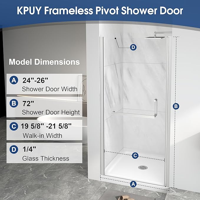 KPUY Pivot Shower Door, 24-26" W x 72" H Frameless Single Swing Glass Shower Door with Explosion-Proof Film Nano Coating, 1/4" (6mm) Thick Tempered Clear Glass, Brushed Nickel