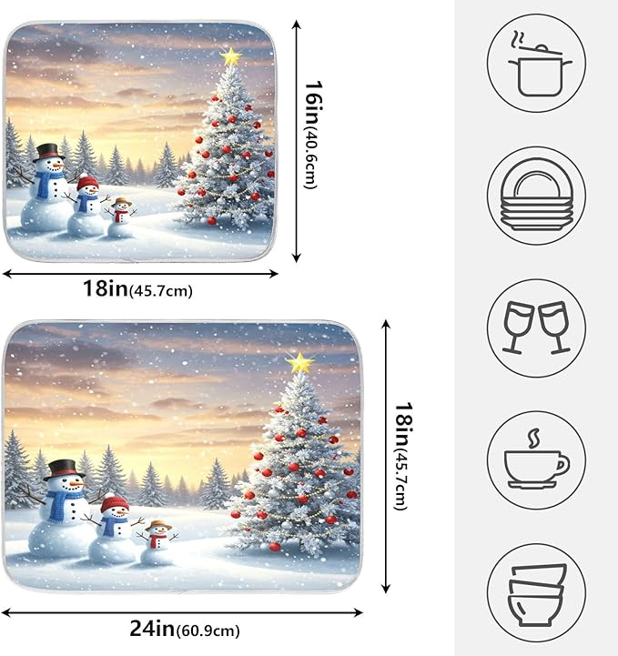 Christmas Tree and Snowman Dish Drying Mat for Kitchen Counter Absorbent Microfiber Large Winter Snowflakes Drying Pad Dish Mats for Kitchen Countertops 18 x 24 Inch