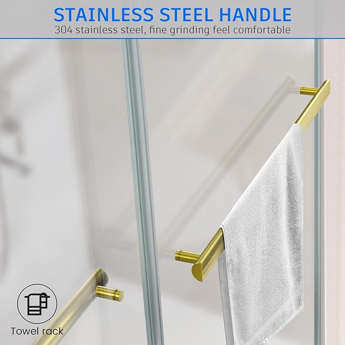 Frameless Sliding Shower Door, 60" W x 76" H Glass Shower Door with 5/16" (8mm) Clear Tempered Safety Glass, Stainless Steel Hardware, Double Sliding Shower Door, Brushed Gold