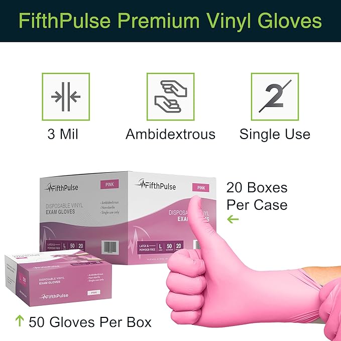 FifthPulse Pink Vinyl Disposable Gloves - Powder and Latex Free Medical Exam Gloves