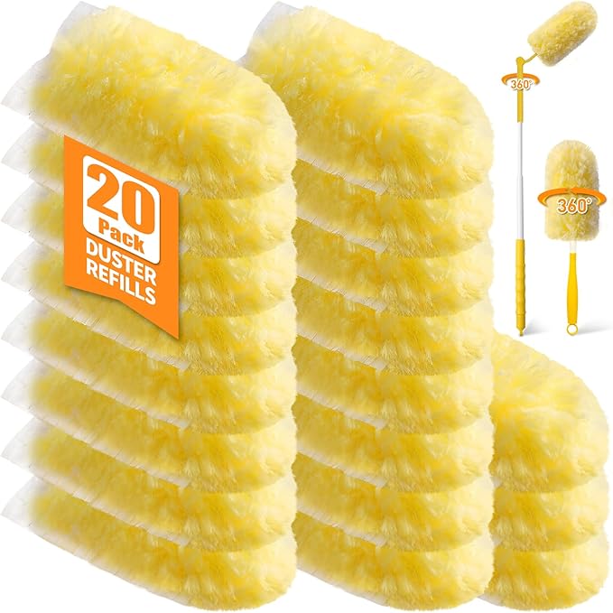 20 Count 360° Heavy Duty Duster Refills, Compatible with Swiffer Duster, Includes 1 Short Handle & 1 3 ft Extendable Handle, 4X Microfiber Cleaning Dusters, Disposable Unscented