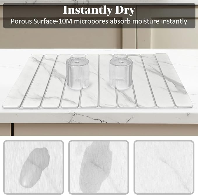 Large Stone Dish Drying Mats for Kitchen Counter, 24"(L)×16"(W) Marble-Pattern, Fast Drying Collapsible Dish Drying Mat, Eco-Friendly Absorbent Diatomaceous Earth Mats for Match Countertop