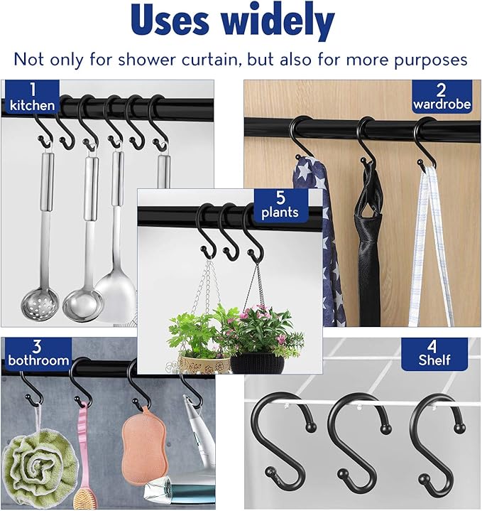 Metal Shower Curtain Hooks，Set of 12 Rings，Rust Resistant S Shaped Hooks Hangers for Kitchen Utensils, Clothing, Towels, etc. (Black)