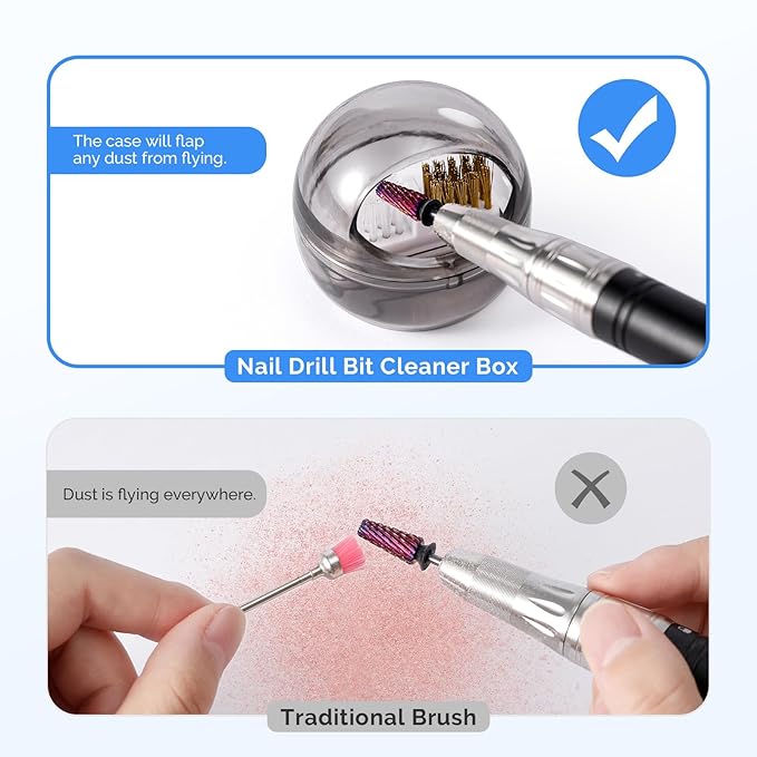 MelodySusie Nail Drill Bits Cleaner Brush Case Accessories with Clear Cover for Cleaning Tungsten Carbide Ceramic Nail Drill Bits Cuticle, Steel Wire & Nylon Double Brush - Black