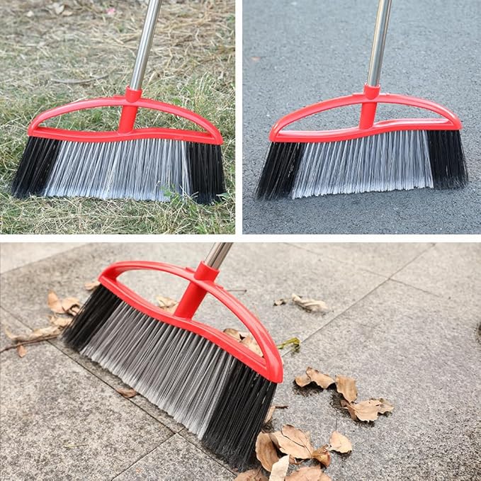Commercial Heavy Duty Outdoor Broom, 15.7" Extra Wide Angle Broom with 4-Layer Stiff Bristles, Adjustable 38-53.5" Handle for Patio Garage Garden Yard Concrete (Red)