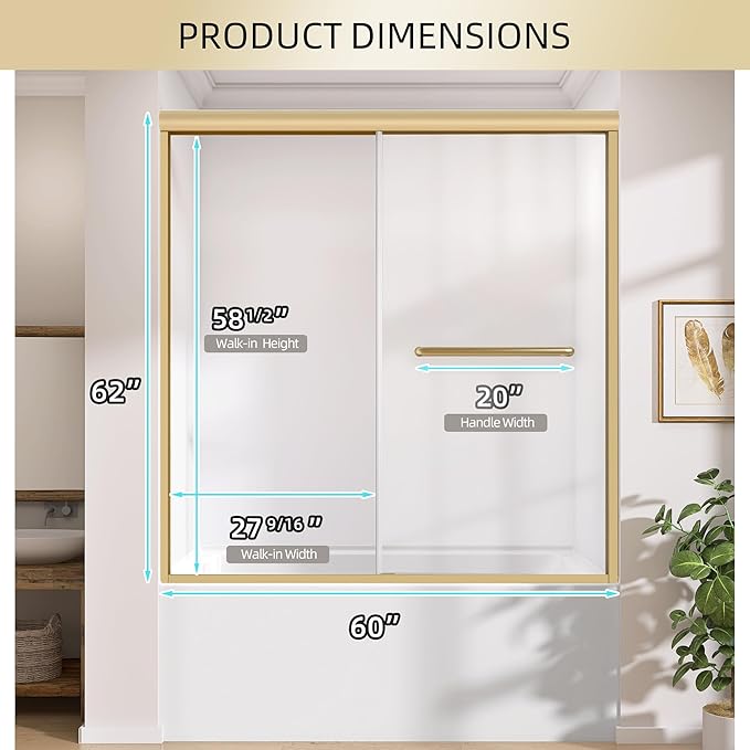 GETPRO Tub Shower Door 56-60 in. W x 62 in. H Semi-Frameless Bathtub Shower Door for Bathroom, Double Sliding Bypass Glass Shower Doors for Bath Tub with 5/16 inch Tempered Glass Matte Black Hardwares