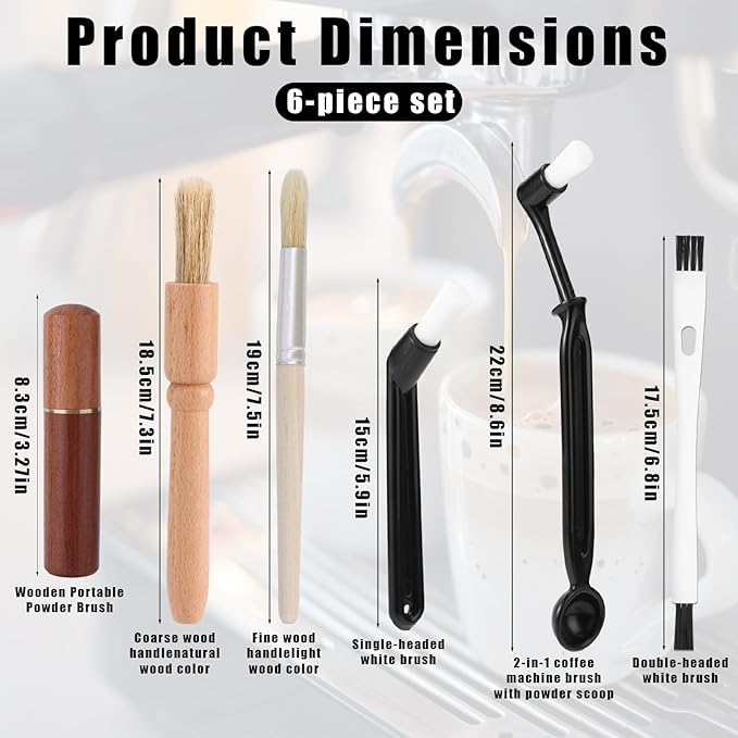 6pcs Coffee Cleaning Brush Set, Natural Bristle Coffee Grinder Brush Long Handle Barista Espresso Machine Cleaning Tools for Maker Cups Portafilters