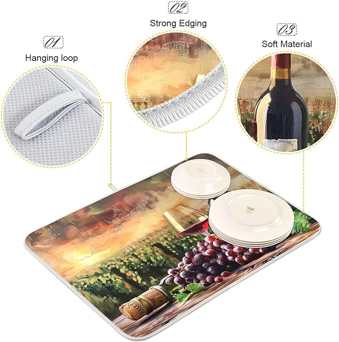 Grapes Wine Glass Bottle Dish Drying Mat for Kitchen Counter Absorbent Microfiber Drying Pad, Medium 16x18 in